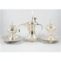 Lot 122 - A silver-plated table centrepiece, with gadroon borders, on circular base, with associated bowl to top, 28cm; an incense burner with floral decoration to circular burner and base, removable lid, 23...