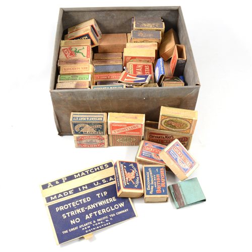 Lot 91 - Advertising: A collection of vintage matchboxes in an old cake tin.