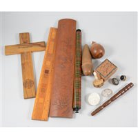 Lot 208 - Collection of treen and other wooden items, including rulers, carvings, boxes, mauchline tartan printed rule, etc.
