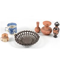 Lot 39 - Three pearlware mugs, early 19th Century, transfer printed decoration, 7cm, a Doulton Lambeth miniature tyg, small terracotta vases, etc.