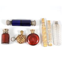 Lot 207 - Victorian blue glass double ended scent bottle, 13cm, and six other scent bottles, (7).