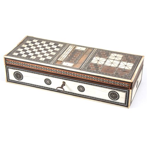 Lot 187 - Vizagapatan ivory-faced sandalwood games box, late 19th Century, micro-mosaic decoration, the interior with some ivory and stained ivory components, box width 25cm