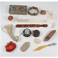 Lot 205 - Collection of mother of pearl games counters and page turner, agate seals, etc.