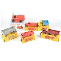 Lot 138 - Dinky Toys; no.442 tanker 'Esso', no.410 tipper truck, no.421 electric articulated lorry and others, all in (a/f) boxes, (6).