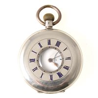 Lot 328 - A demi-hunter pocket watch. white enamel dial marked"Plenary" E Rumpus Pain Folkestone with a roman numeral chapter ring in a white metal plain polished case 45mm diameter marked 0.935