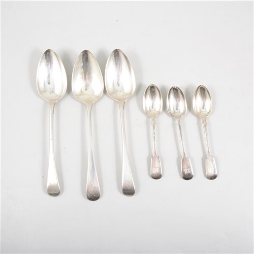 Lot 180 - Six silver teaspoons by Josiah Williams & Co, fiddle pattern, Exeter 1862, and five Old English table spoons by William Eley & William Fearn, Peter & William Bateman, and others, 1800, 1806. (11)