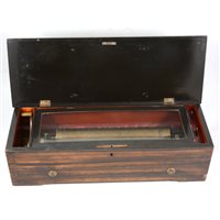 Lot 149 - A Swiss cylinder musical box playing six airs, in rosewood and inlaid case.