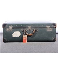 Lot 473 - An Orient make cloth suitcase, riveted leather angles, width 82cm.