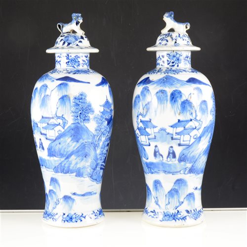 Lot 1 - Pair of Chinese blue and white porcelain covered vases, bearing four character marks, of baluster shape, painted with landscape scenes, 29cm.
