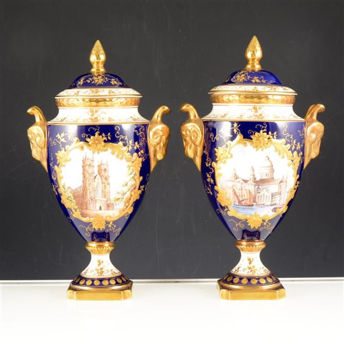 Lot 30 - Pair of Coalport urn shaped covered vases,  Westminster Abbey and St. Pauls Cathedral.