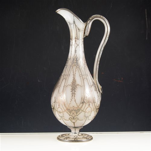 Lot 27 - Silver overlaid opaque glass ewer, pear shaped, damaged handle, 32cm.