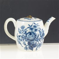 Lot 5 - First period Worcester blue and white teapot, printed rose-centred spray group. circa 1770, restored lid, 10cms.