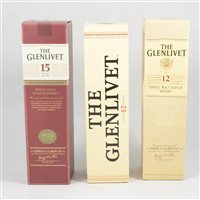 Lot 221 - Glenlivet, 15 year old, French Oak Reserve; and two bottles of 12 year old single malt whisky.
