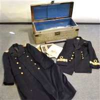 Lot 219A - Naval uniform in a tin trunk and a canvas bound trunk