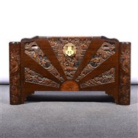 Lot 470 - Eastern carved camphor wood coffer, labelled One Price store, Singapore