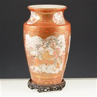 Lot 38A - Satsuma vase, probably Meiji, of shouldered form, panelled decoration with figures, landscapes, birds and flowers, fourteen character inscription to the base, 35cm, on a wooden stand.