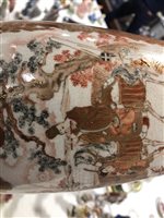 Lot 38 - Satsuma vase, probably Meiji, of shouldered form, panelled decoration with figures, landscapes, birds and flowers, fourteen character inscription to the base, 35cm, on a wooden stand.