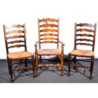 Lot 438 - Harlequin set of six ash, elm and beechwood wavy ladder-back dining chairs