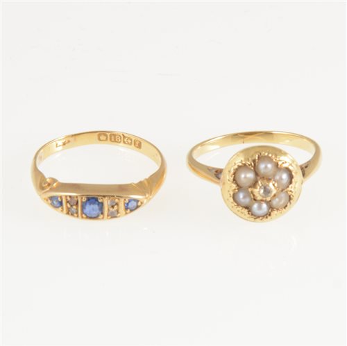 Lot 271 - Two vintage rings, a sapphire and diamond boat shape ring in 18 carat yellow gold hallmarked Birmingham 1905