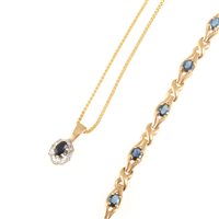 Lot 218 - A 9 carat yellow and white gold oval sapphire and diamond cluster pendant on a 45cm box link chain approximate weight 4gms