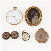 Lot 352 - A collection of Victorian and later jewellery, a yellow metal photo frame brooch with beaded border, 48mm x 40mm, open face fob watch in a yellow metal engraved and engine turned case