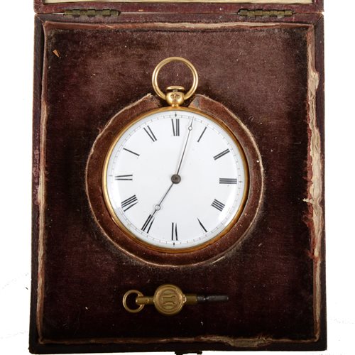 Lot 240 - An 18 carat yellow gold open face pocket watch, the white enamel dial having a Roman numeral chapter ring in an engine turned outer case hallmarked London 1832, maker mark CAP, V