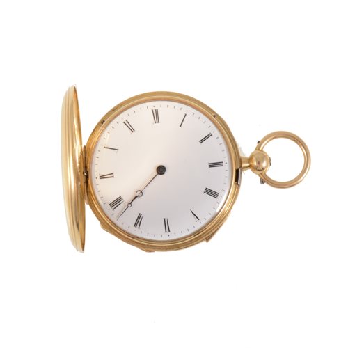 Lot 243 - A yellow metal quarter repeating full hunter pocket watch, the white enamel dial having a Roman numeral chapter ring in plain polished outer and inner cases marked HDG 4018