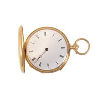 Lot 243 - A yellow metal quarter repeating full hunter pocket watch, the white enamel dial having a Roman numeral chapter ring in plain polished outer and inner cases marked HDG 4018