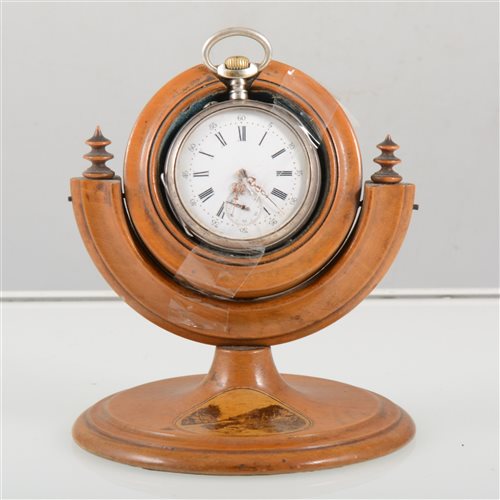 Lot 246 - A Mauchline ware pocket watch stand with image of Ashwood Dale, with an open face pocket watch