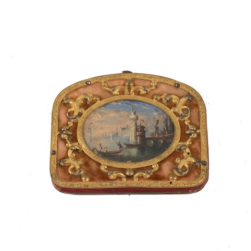 Lot 194 - Mid to Late 19th Century Grand Tour gilt work on velvet purse with painted panel to one side of a continental scene with gondola, 75mm wide.