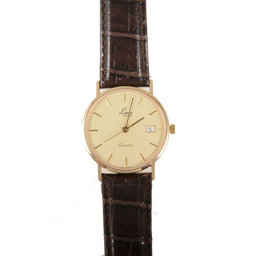 Lot 252 - Laco by Lacher - a gentleman's wrist watch with circular baton dial having a centre seconds hand and date aperture in a 31mm diameter case with back marked '14K 0,585'
