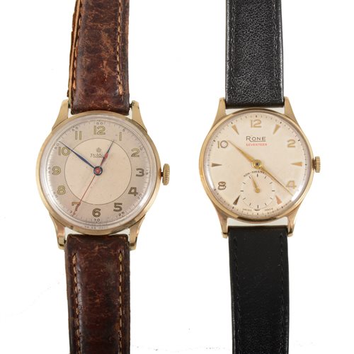 Lot 251 - Roidor and Rone - two 9 carat gold wrist watches, a gentleman's Roidor with two tone circular Arabic numeral dial having a centre seconds hand in a 32mm diameter 9 carat gold case, strap model (2)