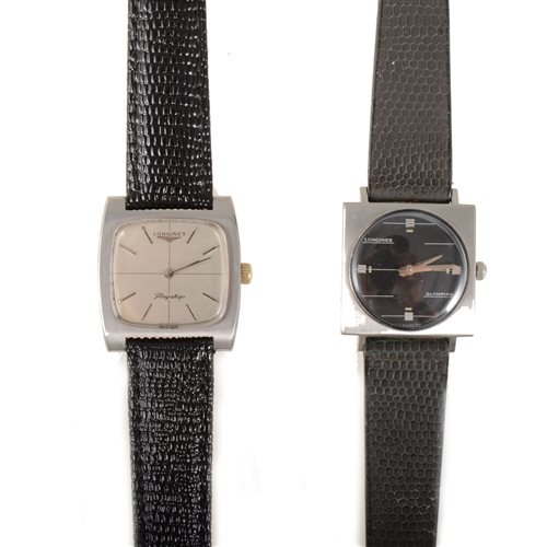 Lot 259 - Longines - two wrist watches, a gentleman's Longines Olympian with circular black baton dial having horizontal line decoration in a 30mm diameter square stainless steel case (2)