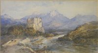 Lot 317 - Victorian School, river landscape with mountains beyond, watercolour.