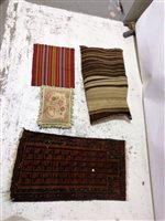 Lot 483 - Three gros point cushions; large Kelim faced rug; other textiles