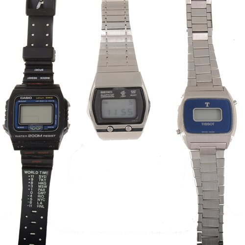 Lot 265 - Seiko, Tissot and Casio - three LCD digital watches, a Seiko quartz LC chronograph with stainless steel case and back, bracelet model (3)