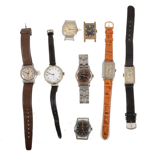 Lot 272 - A collection of eight mechanical early to mid 20th Century wrist watches - Gentleman's West End Watch Co, Laurer, Adora, Mido, Longines, Elgin, Mockba, and one unnamed. (8)
