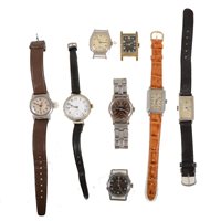 Lot 272 - A collection of eight mechanical early to mid 20th Century wrist watches - Gentleman's West End Watch Co, Laurer, Adora, Mido, Longines, Elgin, Mockba, and one unnamed. (8)