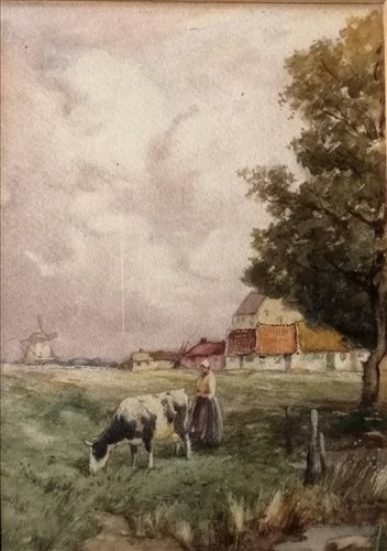 Lot 305 - J R Miller (Scottish), A Dutch Homestead, watercolour.