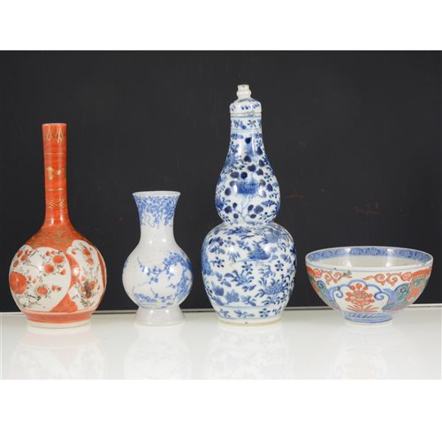 Lot 2 - Chinese blue and white gourd shape jar with lid, a small tea bowl, Satsuma stem vase, and another vase (4).