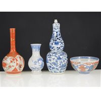Lot 2 - Chinese blue and white gourd shape jar with lid, a small tea bowl, Satsuma stem vase, and another vase (4).