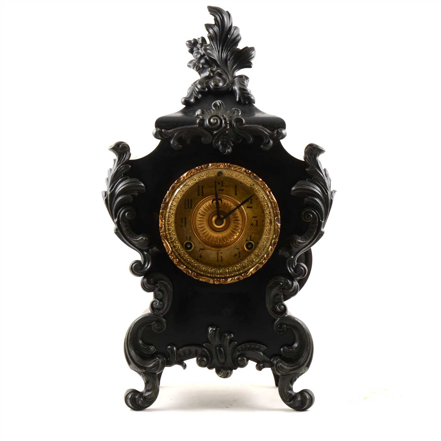 Lot 157 - American Rococo revival style black painted mantel clock, ...