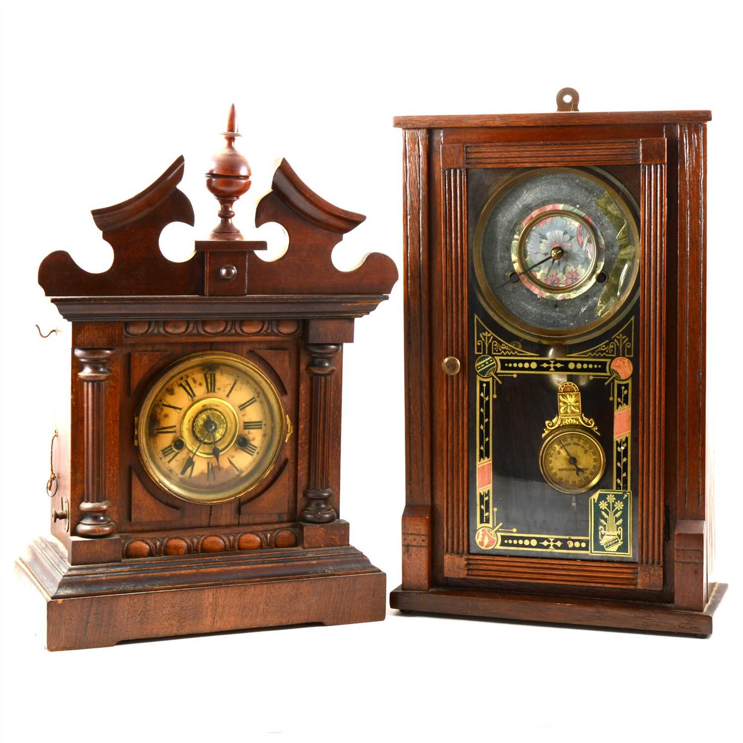 Lot 116 - Walnut and stained beech bugler alarm clock, Thomas Fattorini, and a shelf clock.