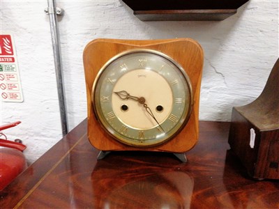 Lot 136 - A walnut cased wall clock, an inlaid walnut presentation mantel clock and a Smiths mantel clock