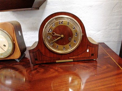 Lot 136 - A walnut cased wall clock, an inlaid walnut presentation mantel clock and a Smiths mantel clock