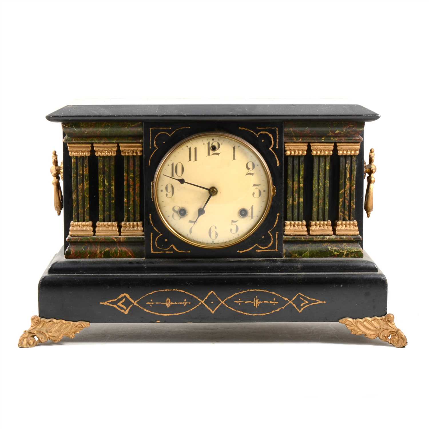 Lot 190 - American simulated marble painted wood mantel clock, ...