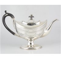 Lot 184 - An oval silver teapot in the Adam style engraved with floral swags and bright cut borders on a plain oval pedestal foot, ebony handle and finial, hallmarked Chester 1899