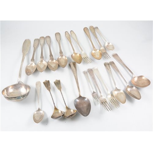 Lot 189 - A quantity of continental white metal flatware, to include two knife, fork and spoon sets by Van Kempen & Begeer, boxed, Utrecht 1966 and Holland 1968, a pair of ladles with twisted stems and engra...