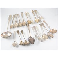 Lot 189 - A quantity of continental white metal flatware, to include two knife, fork and spoon sets by Van Kempen & Begeer, boxed, Utrecht 1966 and Holland 1968, a pair of ladles with twisted stems and engra...