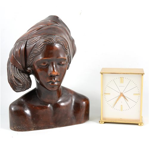 Lot 91 - A Garrard desk clock, carved wooden female bust, brass jam pan, toasting fork and a carpet beater.